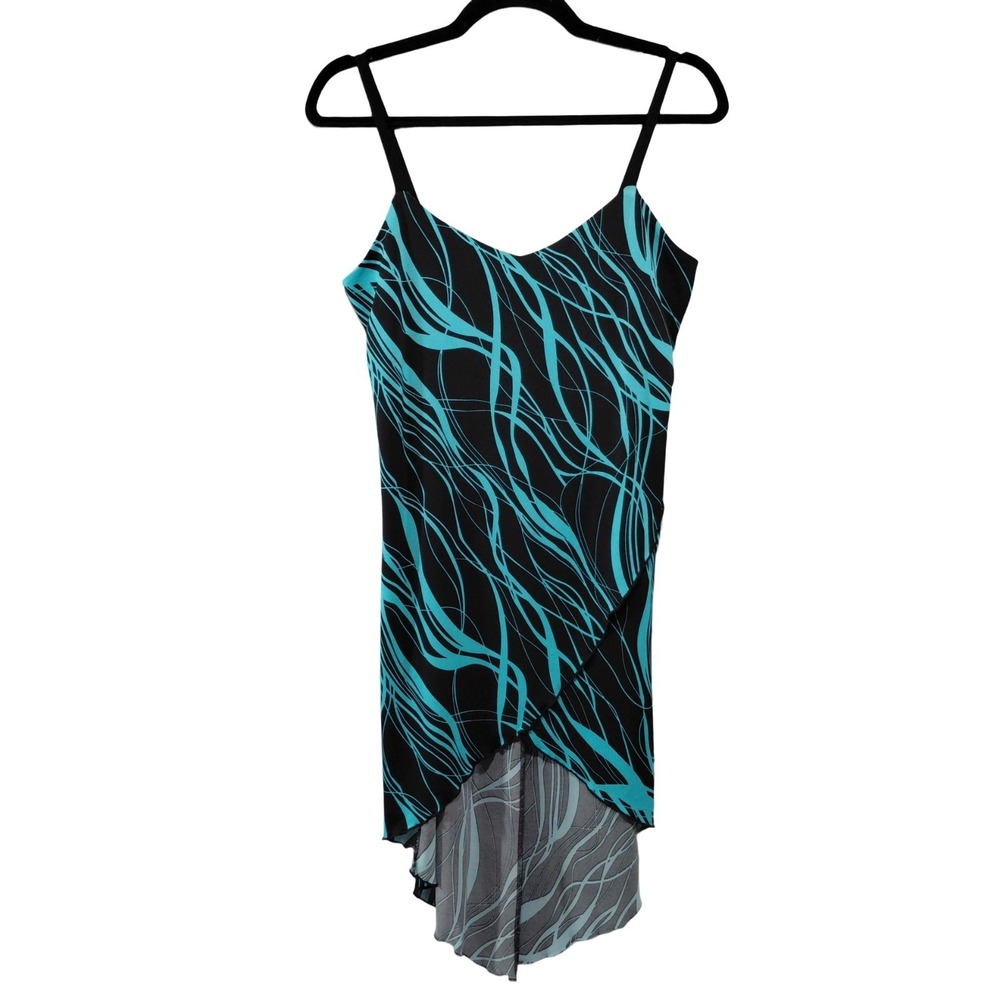 Vtg Y2k Banner Mini Slip Dress SM Black & Teal Crossover Ruffle Hem Sexy Club